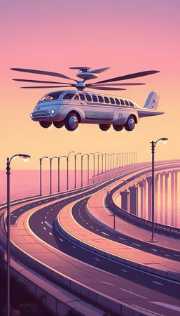A Heli-Bus commuter transport with rotors, flying over a sweeping coastal highway at sunset, Ai generated imageの写真素材