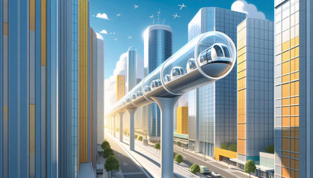 A network of transparent tubes carrying personal capsule transports through a citys upper levels, Ai...