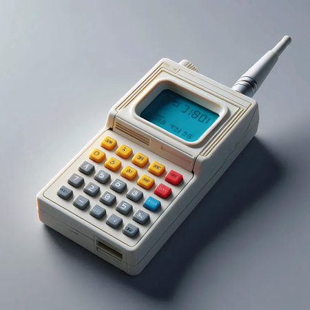 A personal communicator device, a flip-open clamshell with a small screen and colorful rectangular...
