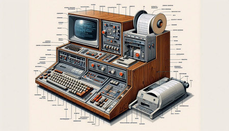A bulky desktop computer with a walnut veneer case, a bank of toggle switches, and a teletype...