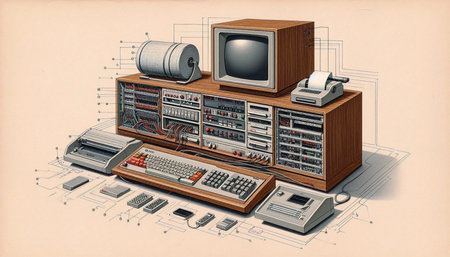 A bulky desktop computer with a walnut veneer case, a bank of toggle switches, and a teletype...