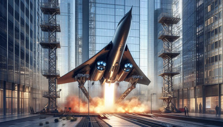 A DynaSoar style rocket plane with delta wings and a cockpit needle, launching vertically from a...