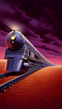 A futuristic locomotive resembling a horizontal rocket, pulling a train of dome-topped passenger...