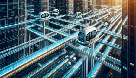 A public transit Pod-Taxi system where small automated capsules move on an elevated grid in a dense...