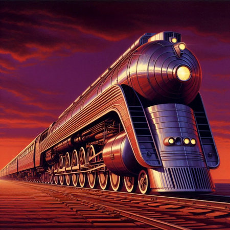A futuristic locomotive resembling a horizontal rocket, pulling a train of dome-topped passenger...