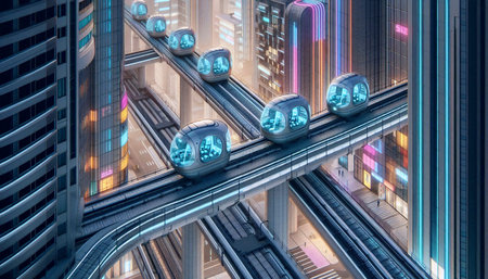 A public transit Pod-Taxi system where small automated capsules move on an elevated grid in a dense city, Ai generated imageの写真素材