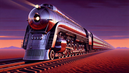 A futuristic locomotive resembling a horizontal rocket, pulling a train of dome-topped passenger...