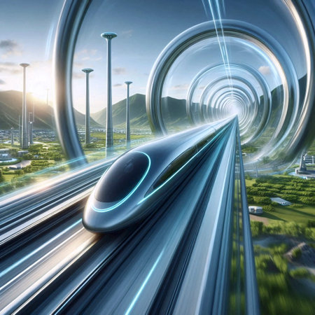 A high-speed Vacuum Tube Train shooting through a transparent tube across a panoramic landscape, Ai generated imageの写真素材