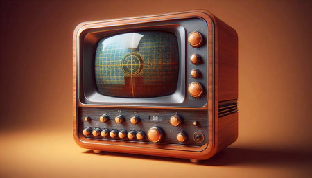 A wood-paneled television set with a large, convex green screen and rows of analog dials, Ai...