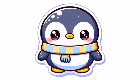 A cute kawaii sticker of a penguin with a scarf, Ai generated imageの写真素材