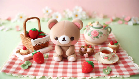 A kawaii scene of a bear having a picnic, Ai generated imageの写真素材