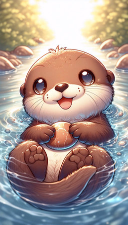 A detailed kawaii illustration of an otter with a pebble, Ai generated imageの写真素材