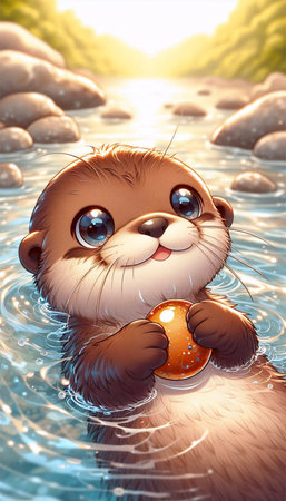A detailed kawaii illustration of an otter with a pebbleの写真素材