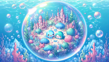A detailed kawaii illustration of an underwater city in a bubble, Ai generated image
