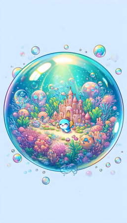 A detailed kawaii illustration of an underwater city in a bubble, Ai generated image