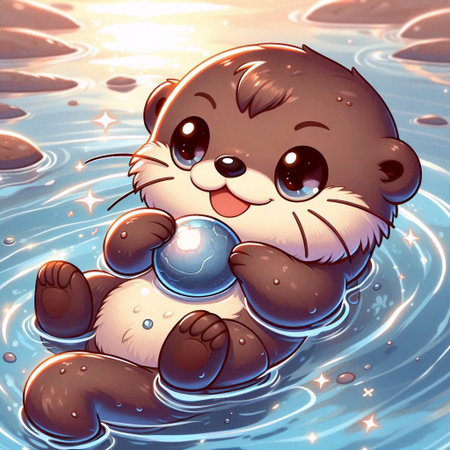 A detailed kawaii illustration of an otter with a pebble, AI generated imageの写真素材