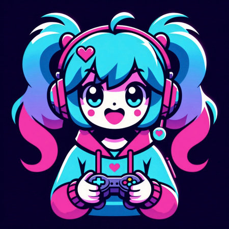 A simple kawaii character of a twin-tailed gamer girl, Ai generated imageの写真素材