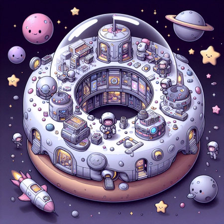 A detailed chibi illustration of a tiny space station, Ai generated image
