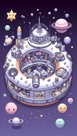 A detailed chibi illustration of a tiny space station, Ai generated image
