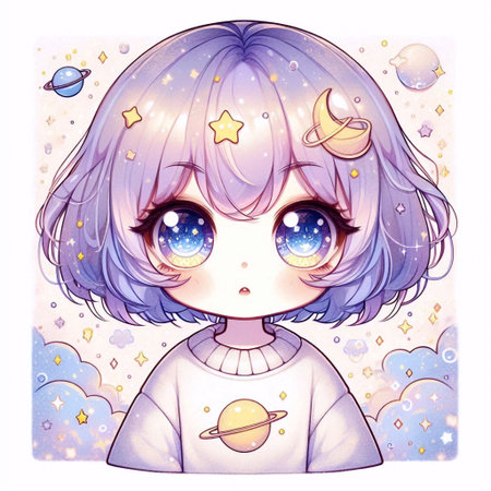 A detailed kawaii illustration of a girl with starry eyes, Ai generated imageの写真素材