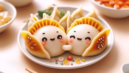 A funny kawaii illustration of hugging dumplings, Ai generated image