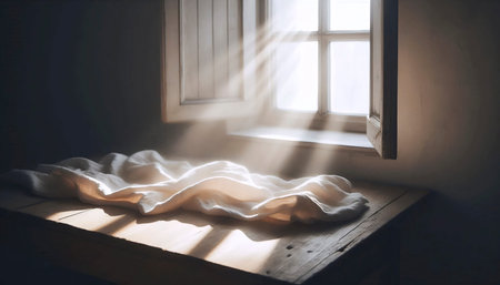 Sunlight through a window forming a cross on linen, Ai generated image