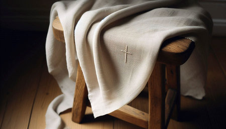 A draped linen cloth with an embroidered subtle cross, Ai generated image