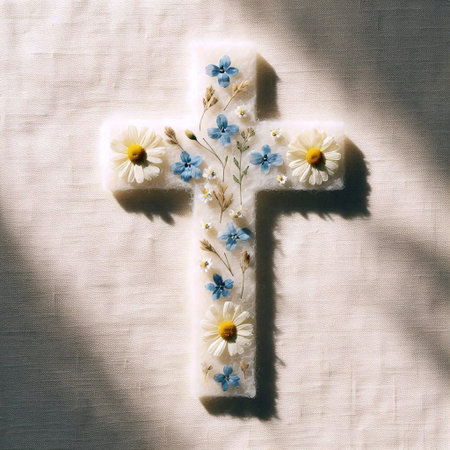 Pressed wildflowers on a fabric cross shape, Ai generated image