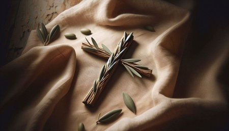 A minimal cross from olive branches on linen, Ai generated imageの写真素材