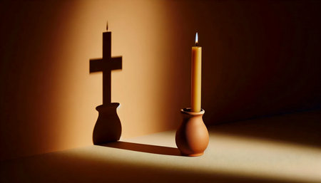 A simple clay candle holder with a wooden cross shadow, Ai generated image