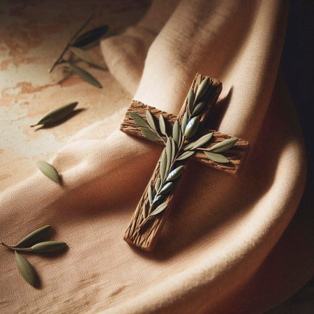A minimal cross from olive branches on linen, Ai generated imageの写真素材