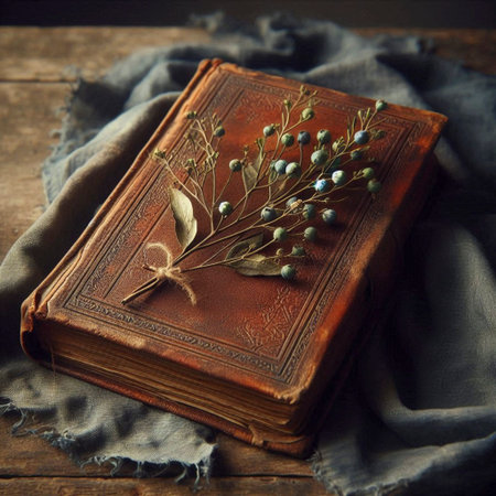 A closed antique book with a dried myrtle branch bookmarkの写真素材