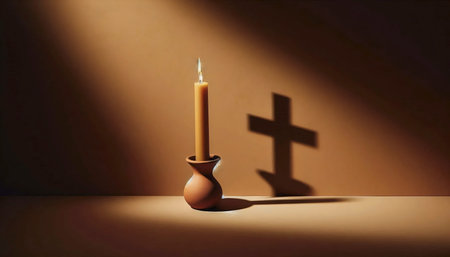 A simple clay candle holder with a wooden cross shadow, Ai generated image