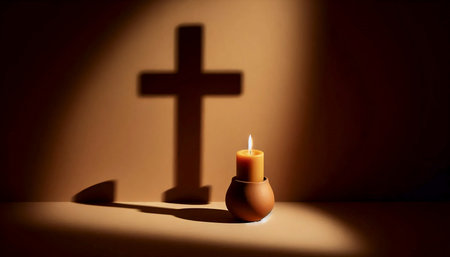 A simple clay candle holder with a wooden cross shadow, Ai generated image