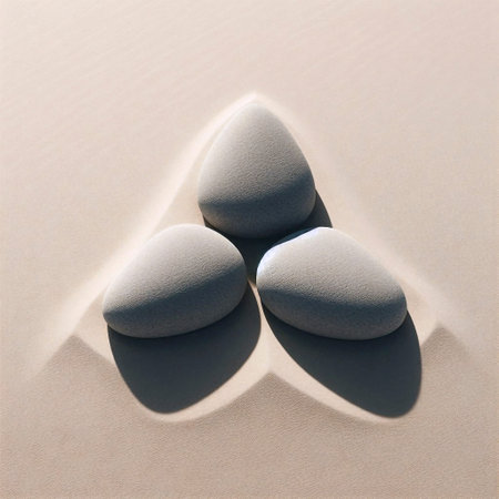 Three river stones in a triangle on sand, Ai generated image