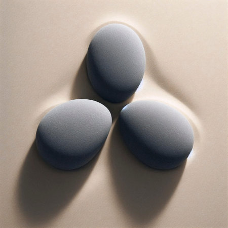 Three river stones in a triangle on sand, Ai generated image