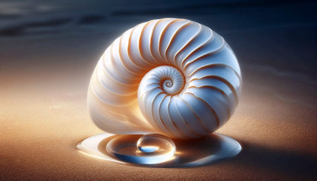 A seashell with a drop of water on sand, Ai generated image