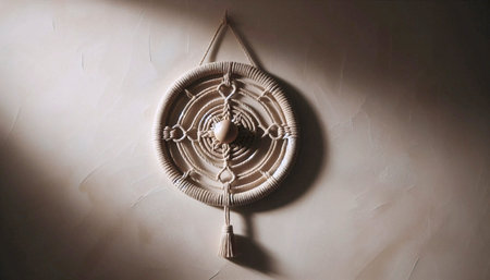 A circular macrame wall hanging with a wooden beadの写真素材