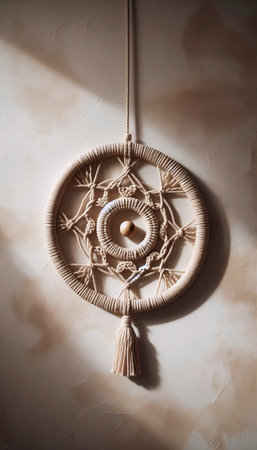 A circular macrame wall hanging with a wooden bead