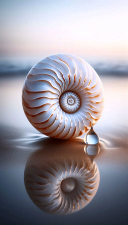 A seashell with a drop of water on sand, Ai generated imageの写真素材