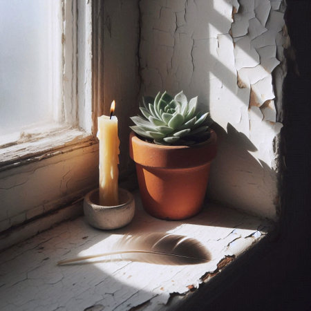 A windowsill altar with a candle and feather, Ai generated imageの写真素材