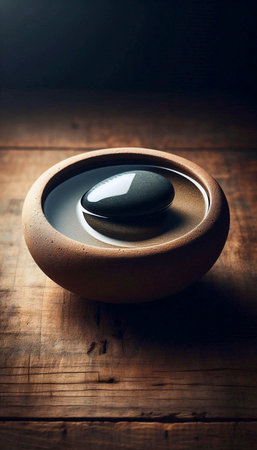 A smooth stone in a shallow clay bowl of water, Ai generated image