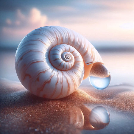 A seashell with a drop of water on sand, Ai generated image