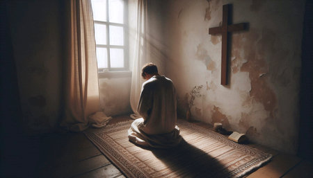 A person from behind kneeling before a simple cross on a wall, Ai generated image