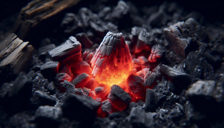 A single ember glow in a dark hearth, Ai generated image