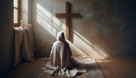 A person from behind kneeling before a simple cross on a wall, Ai generated image