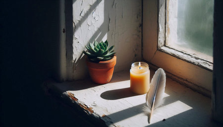 A windowsill altar with a candle and feather, Ai generated imageの写真素材