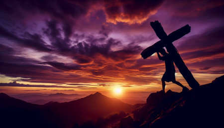 A silhouette of a figure carrying a cross at sunset, Ai generated image