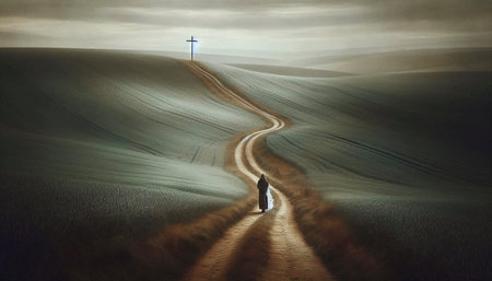A person walking away on a path towards a distant hilltop cross, Ai generated imageの写真素材