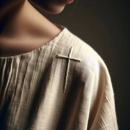 A cross embroidered on the back of a linen tunic, Ai generated imageの写真素材